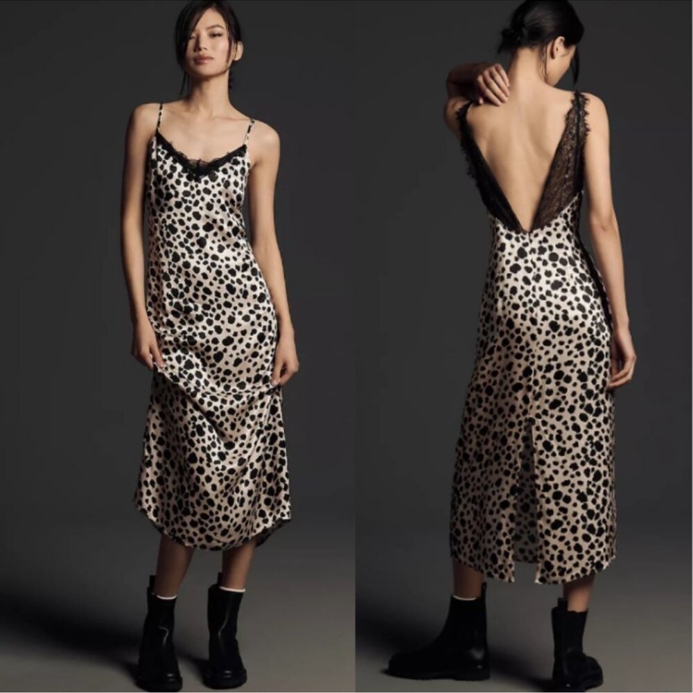 NWT! Anthropologie V-Neck Open-Back Slip Midi Dress in Black & White Small 💌